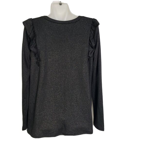 Flamingo Urban Womens Top Size Large Ruffles Black Shimmer Pullover Long Sleeve - Picture 2 of 7
